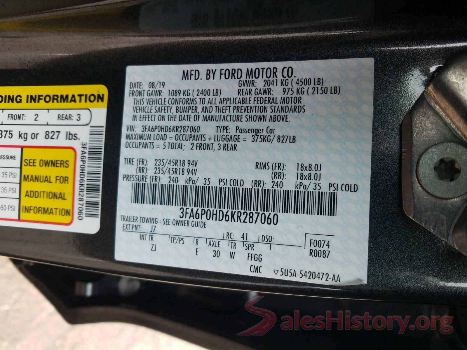 3FA6P0HD6KR287060 2019 FORD FUSION