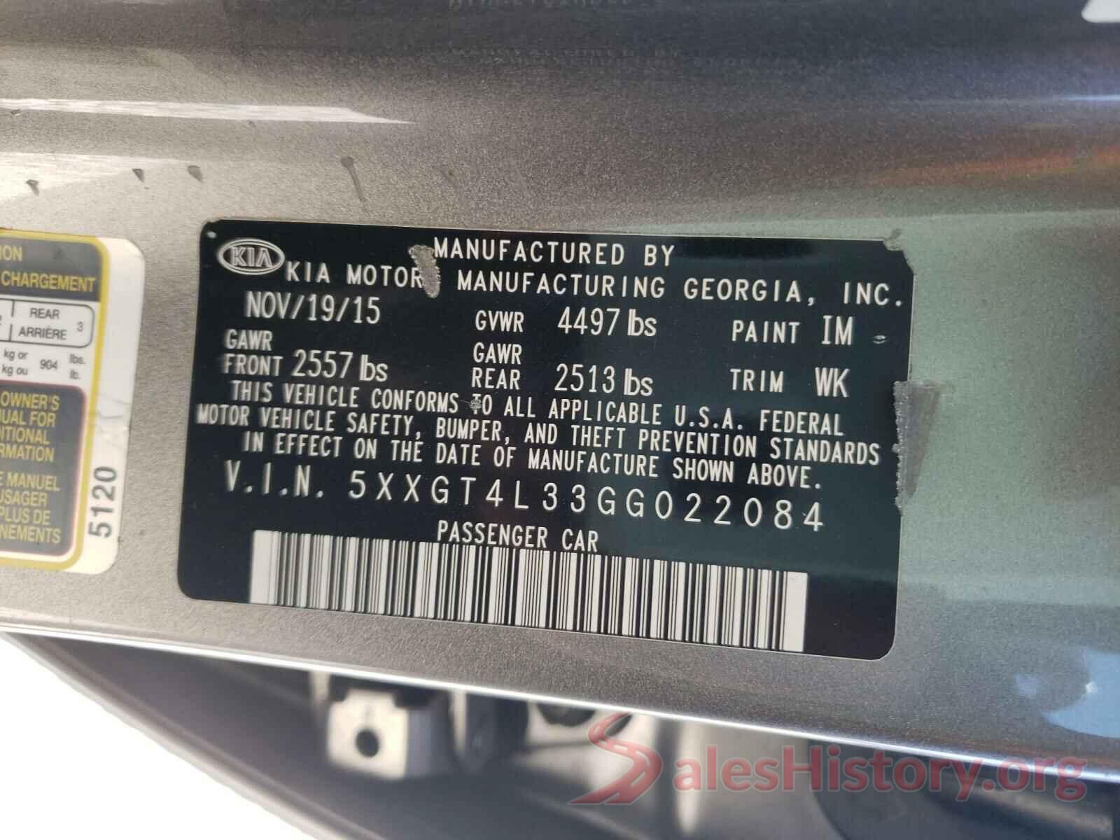 5XXGT4L33GG022084 2016 KIA OPTIMA