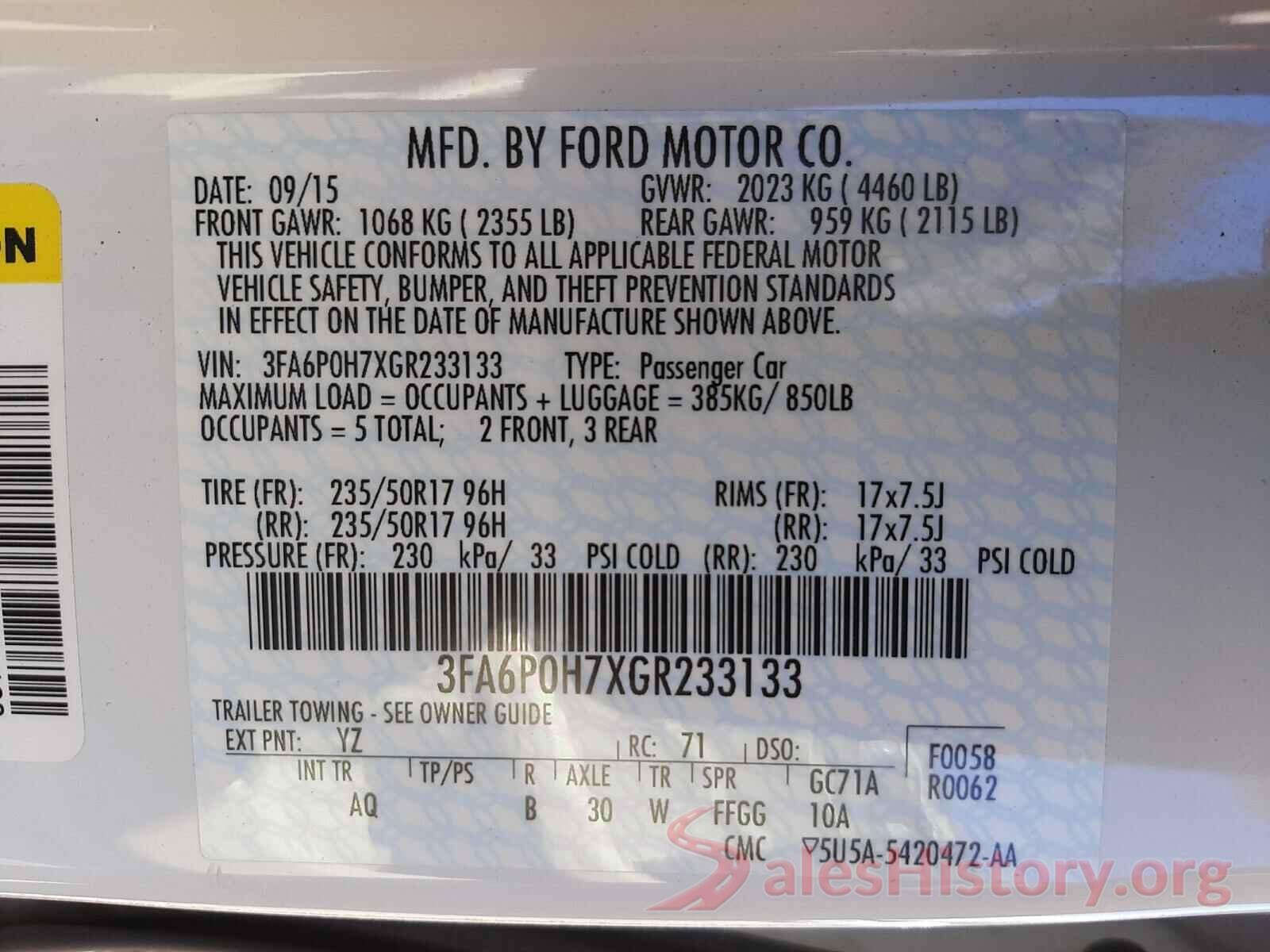 3FA6P0H7XGR233133 2016 FORD FUSION