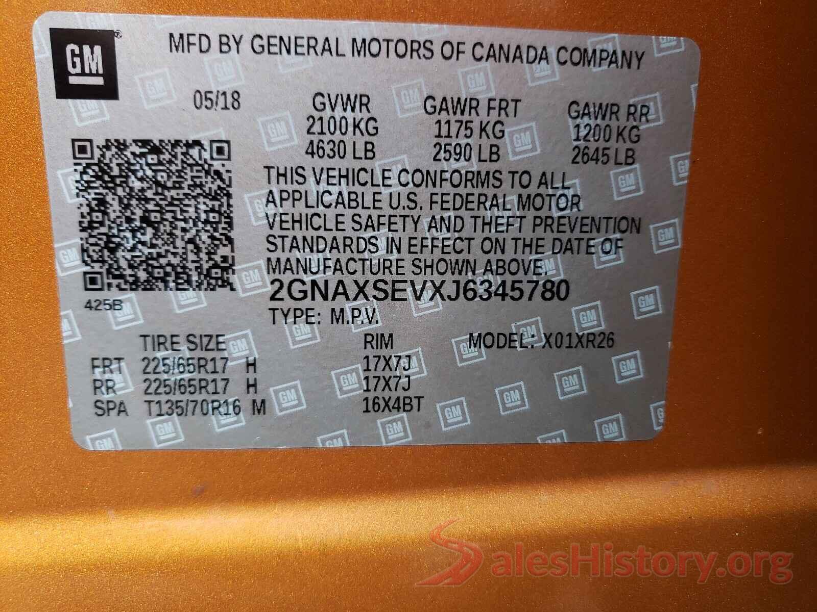 2GNAXSEVXJ6345780 2018 CHEVROLET EQUINOX