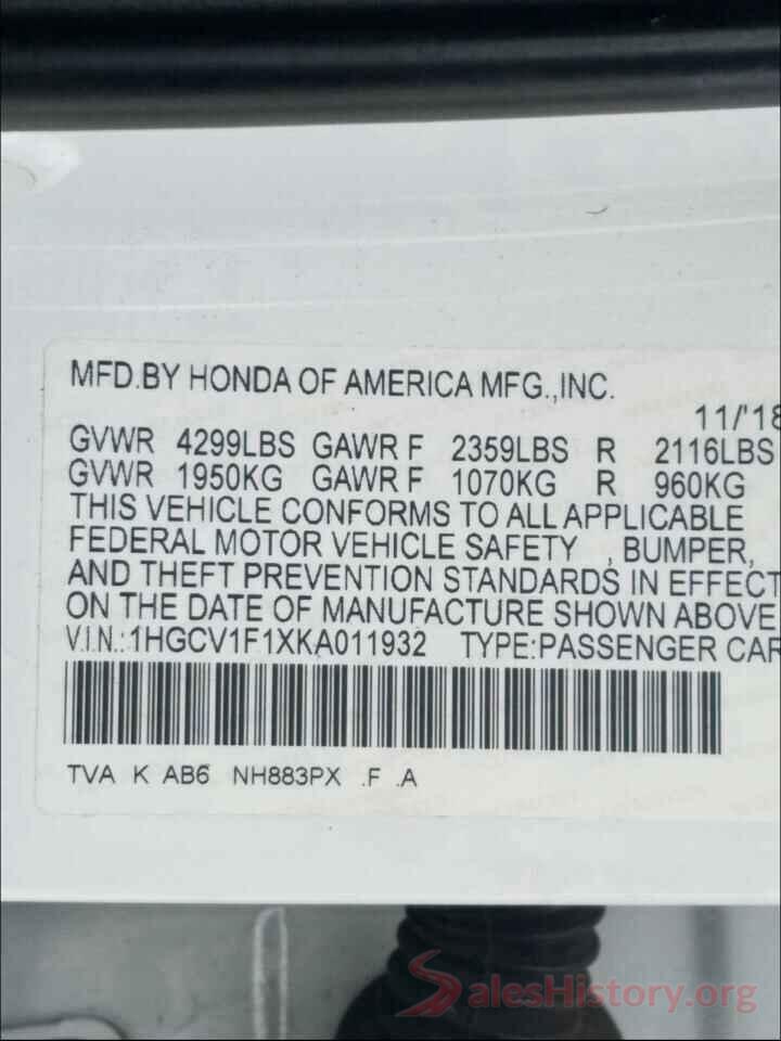 1HGCV1F1XKA011932 2019 HONDA ACCORD