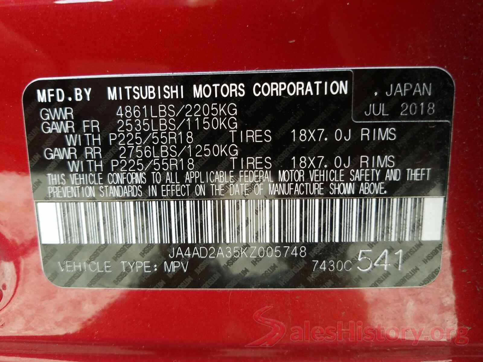 JA4AD2A35KZ005748 2019 MITSUBISHI OUTLANDER