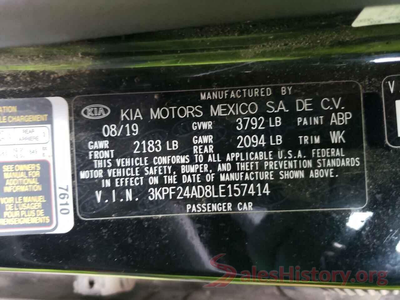 3KPF24AD8LE157414 2020 KIA FORTE