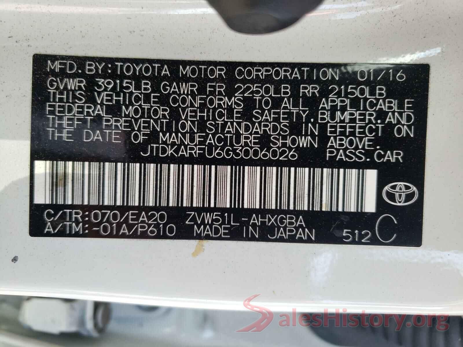 JTDKARFU6G3006026 2016 TOYOTA PRIUS