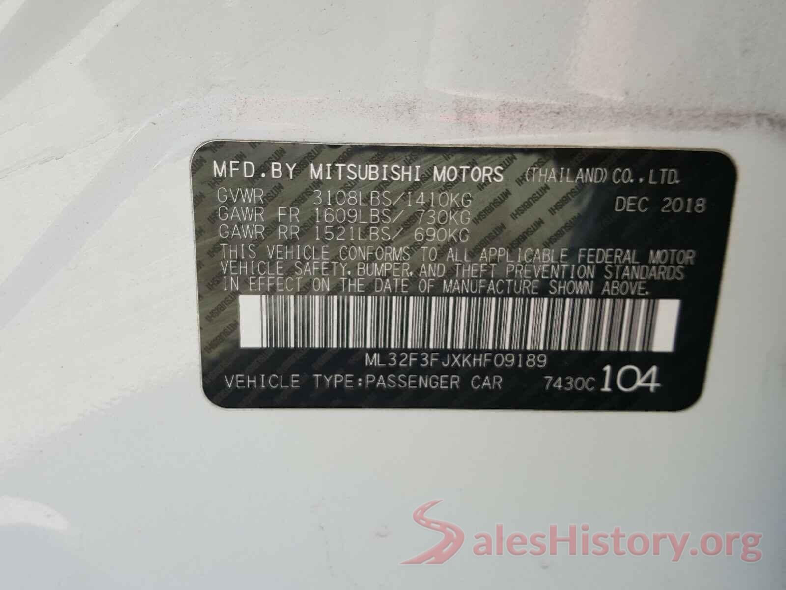 ML32F3FJXKHF09189 2019 MITSUBISHI MIRAGE