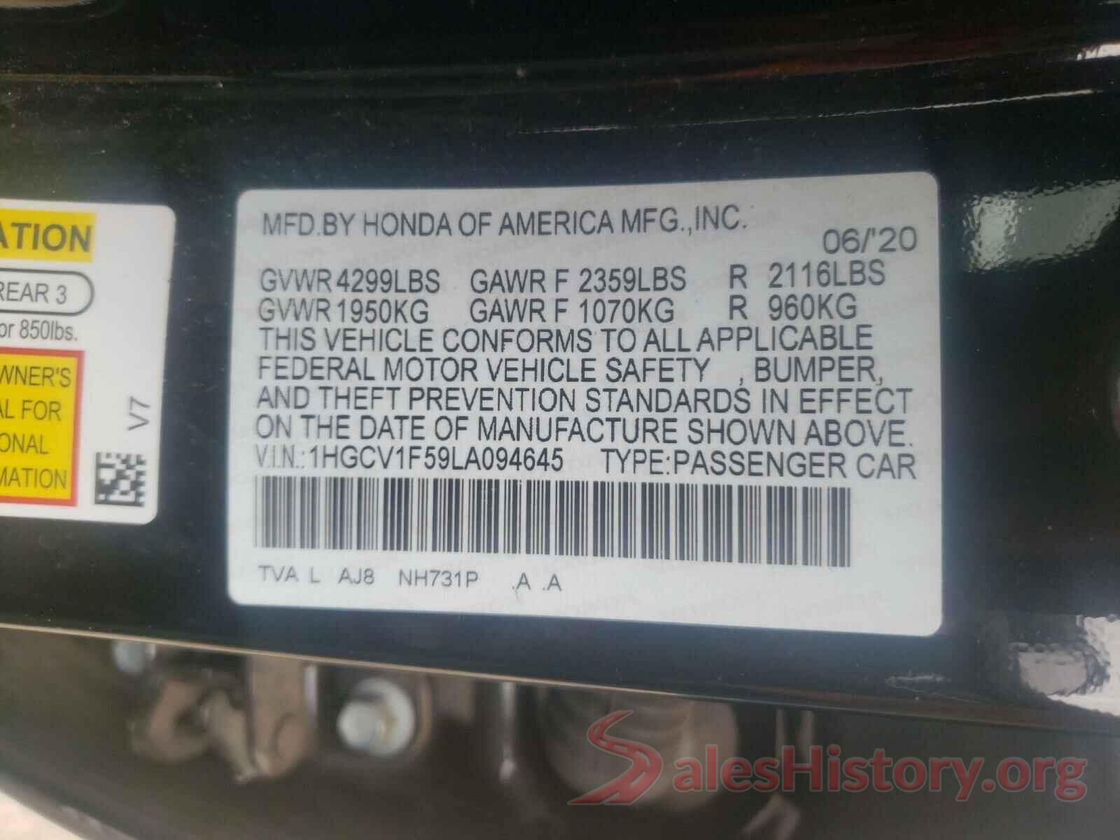 1HGCV1F59LA094645 2020 HONDA ACCORD