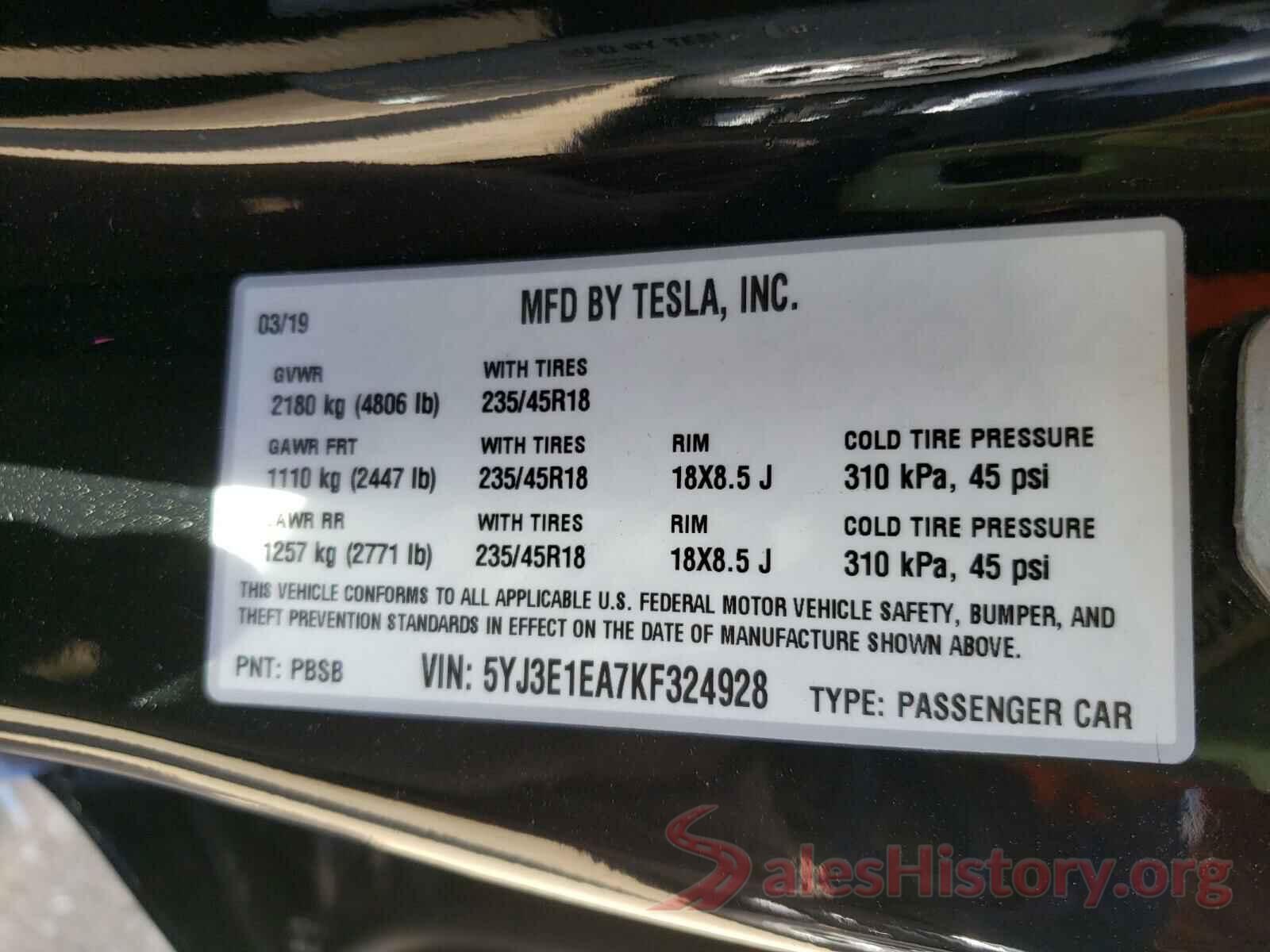 5YJ3E1EA7KF324928 2019 TESLA MODEL 3