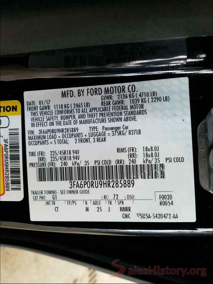 3FA6P0RU9HR285889 2017 FORD FUSION