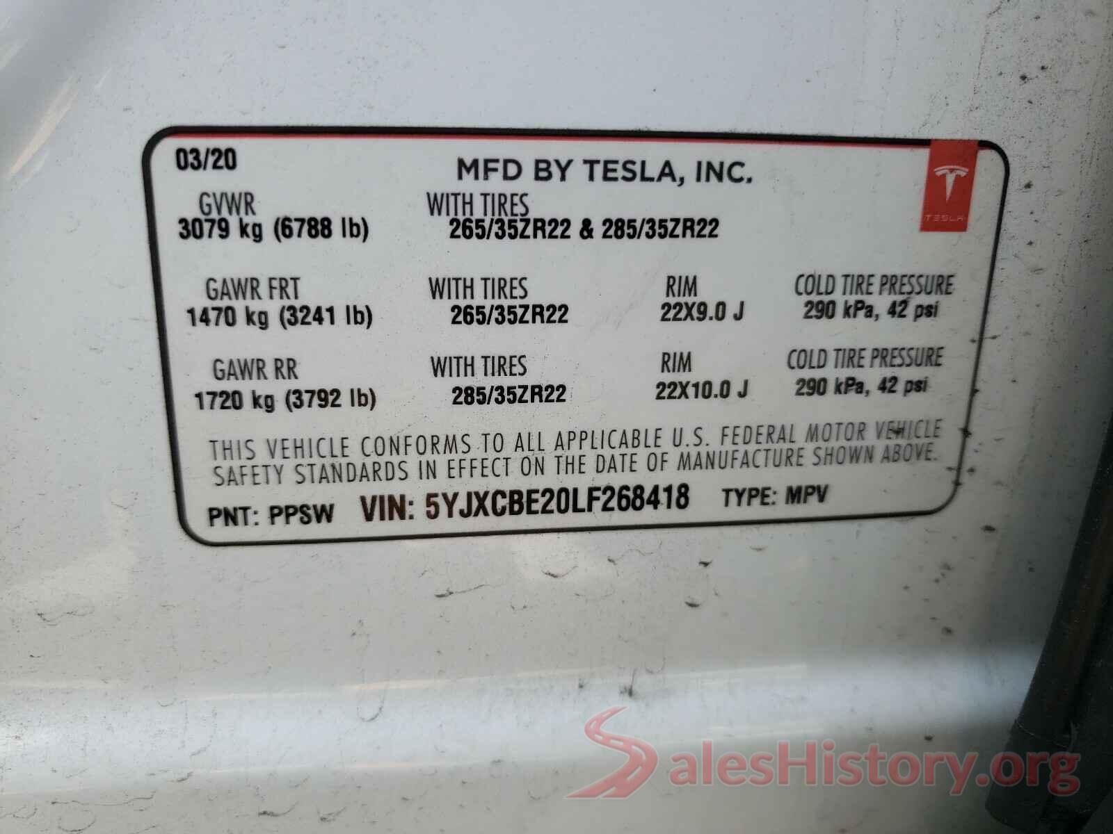 5YJXCBE20LF268418 2020 TESLA MODEL X