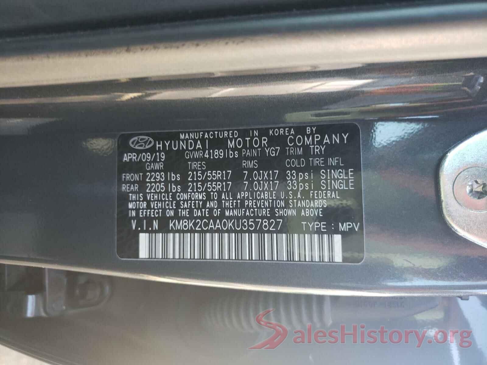 KM8K2CAA0KU357827 2019 HYUNDAI KONA