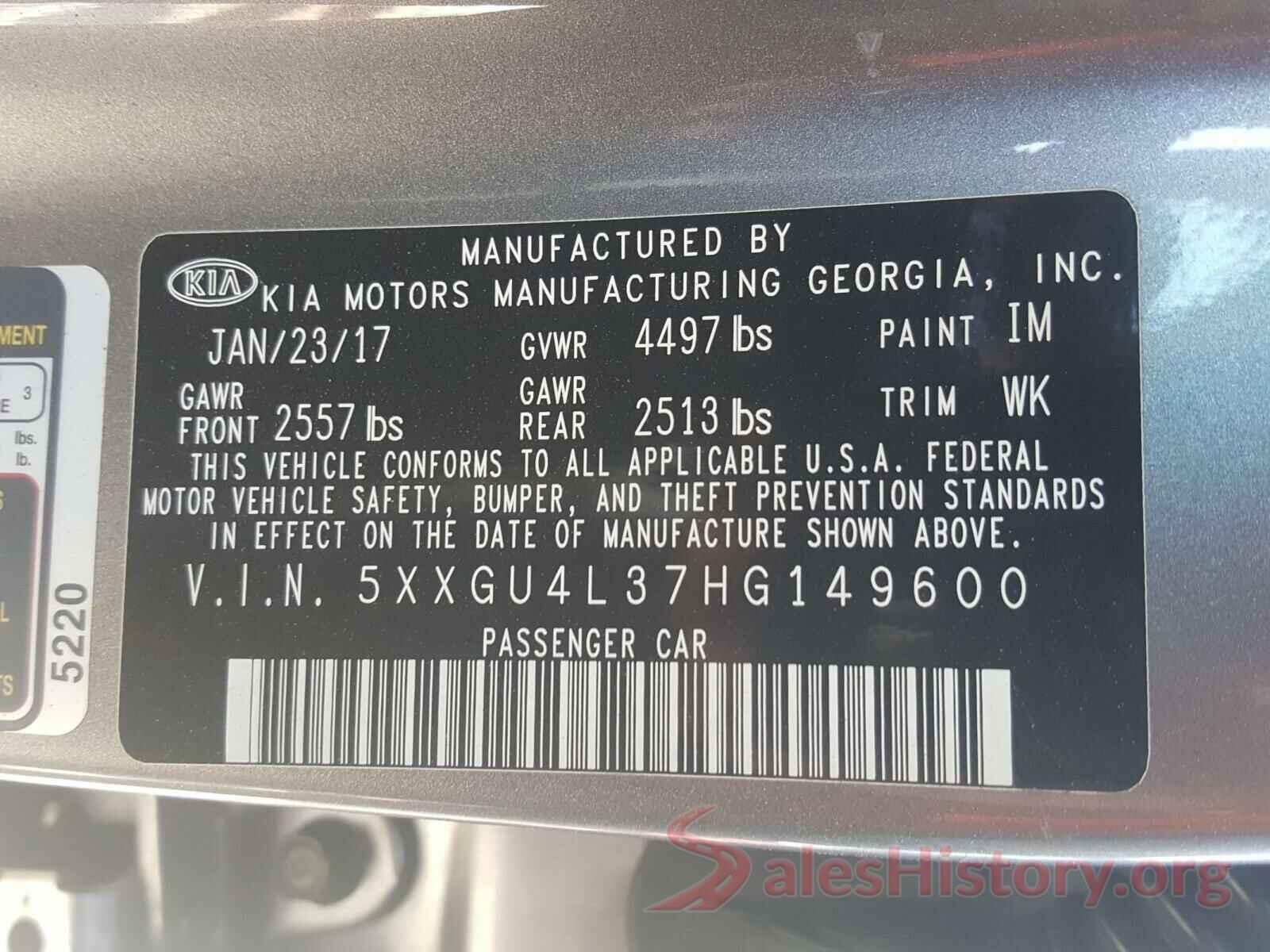 5XXGU4L37HG149600 2017 KIA OPTIMA