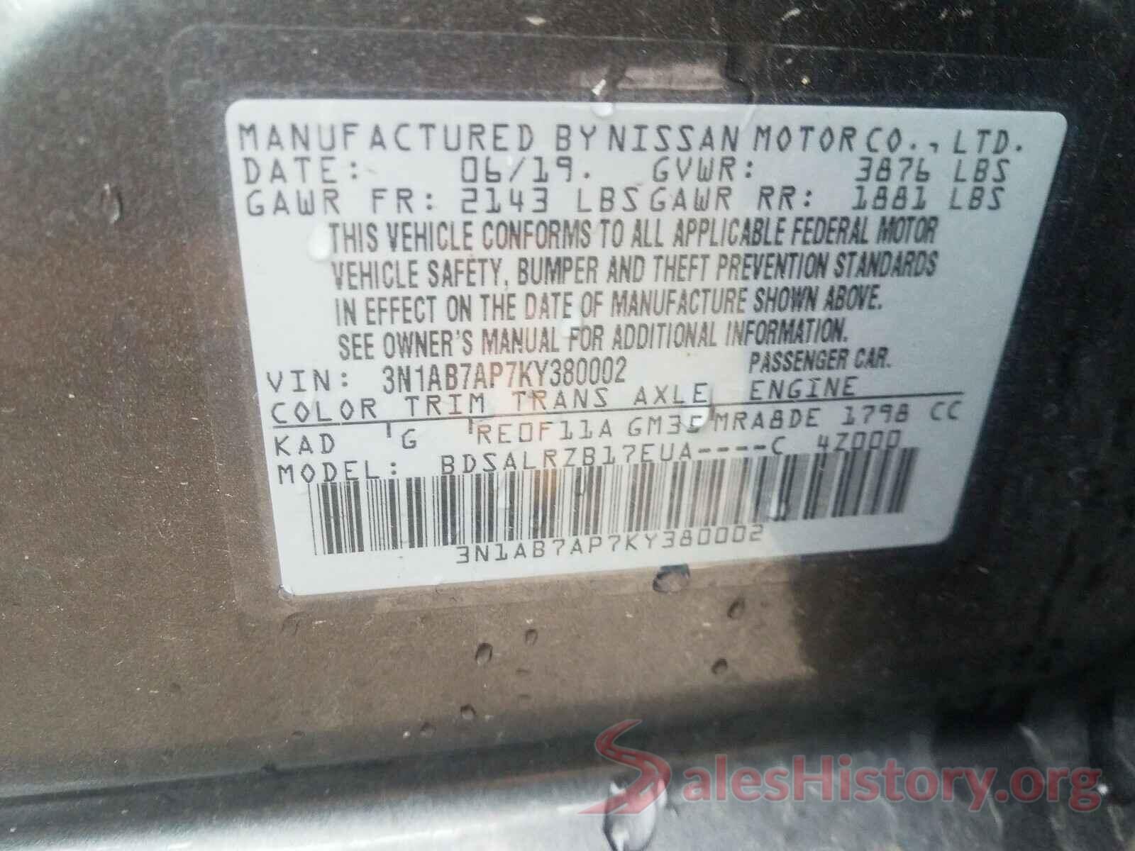 3N1AB7AP7KY380002 2019 NISSAN SENTRA