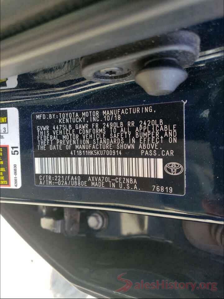 4T1B11HK5KU700914 2019 TOYOTA CAMRY