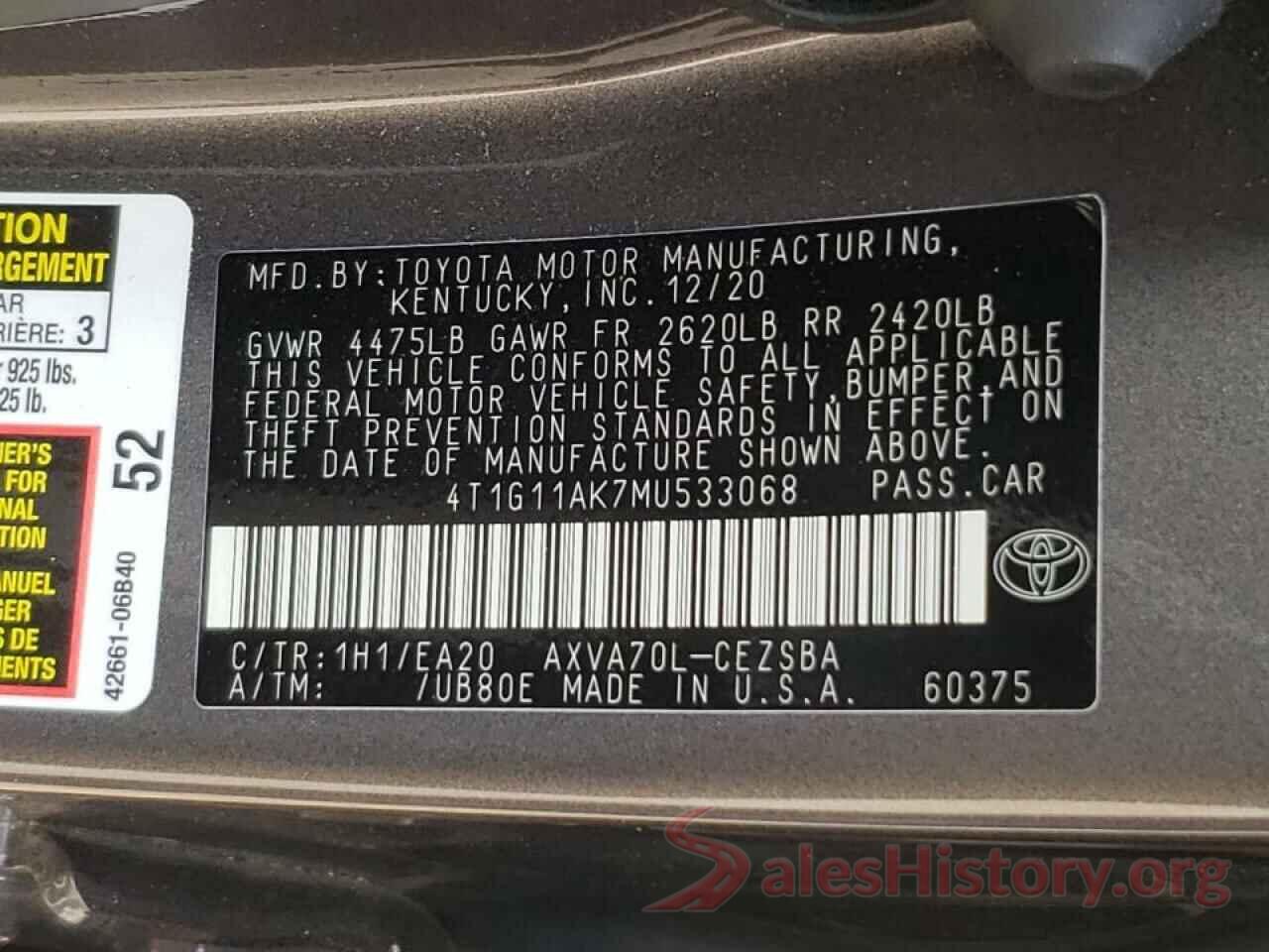 4T1G11AK7MU533068 2021 TOYOTA CAMRY