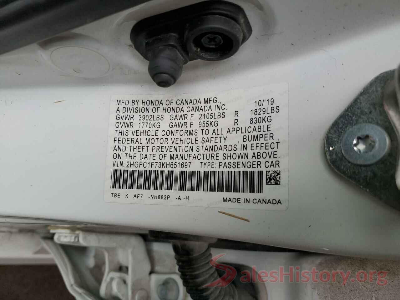 2HGFC1F73KH651697 2019 HONDA CIVIC