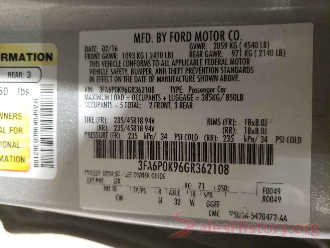 3FA6P0K96GR362108 2016 FORD FUSION