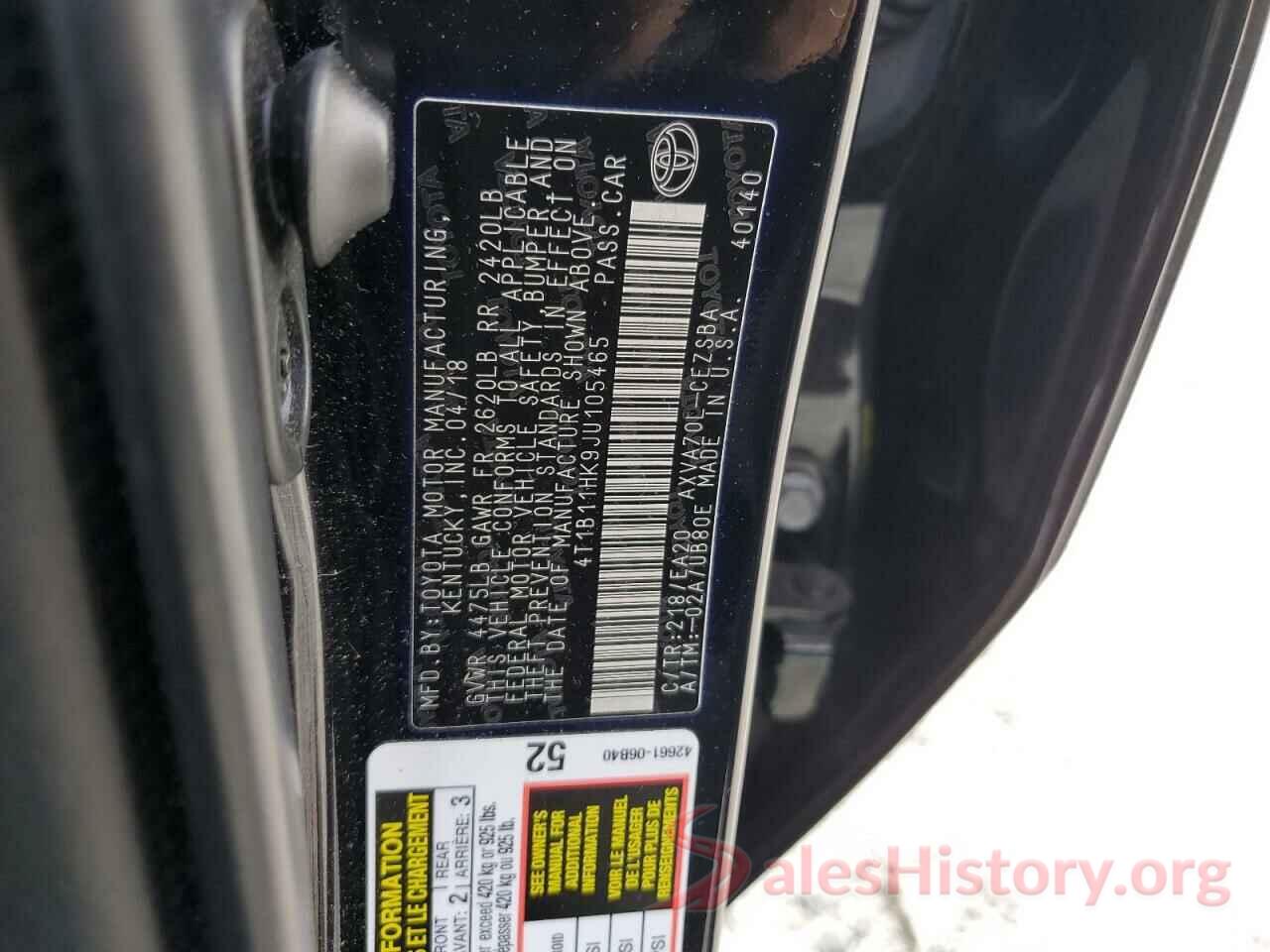 4T1B11HK9JU105465 2018 TOYOTA CAMRY