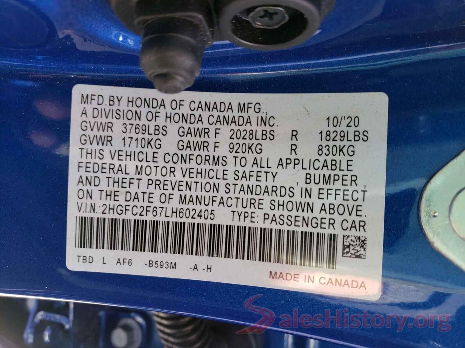 2HGFC2F67LH602405 2020 HONDA CIVIC