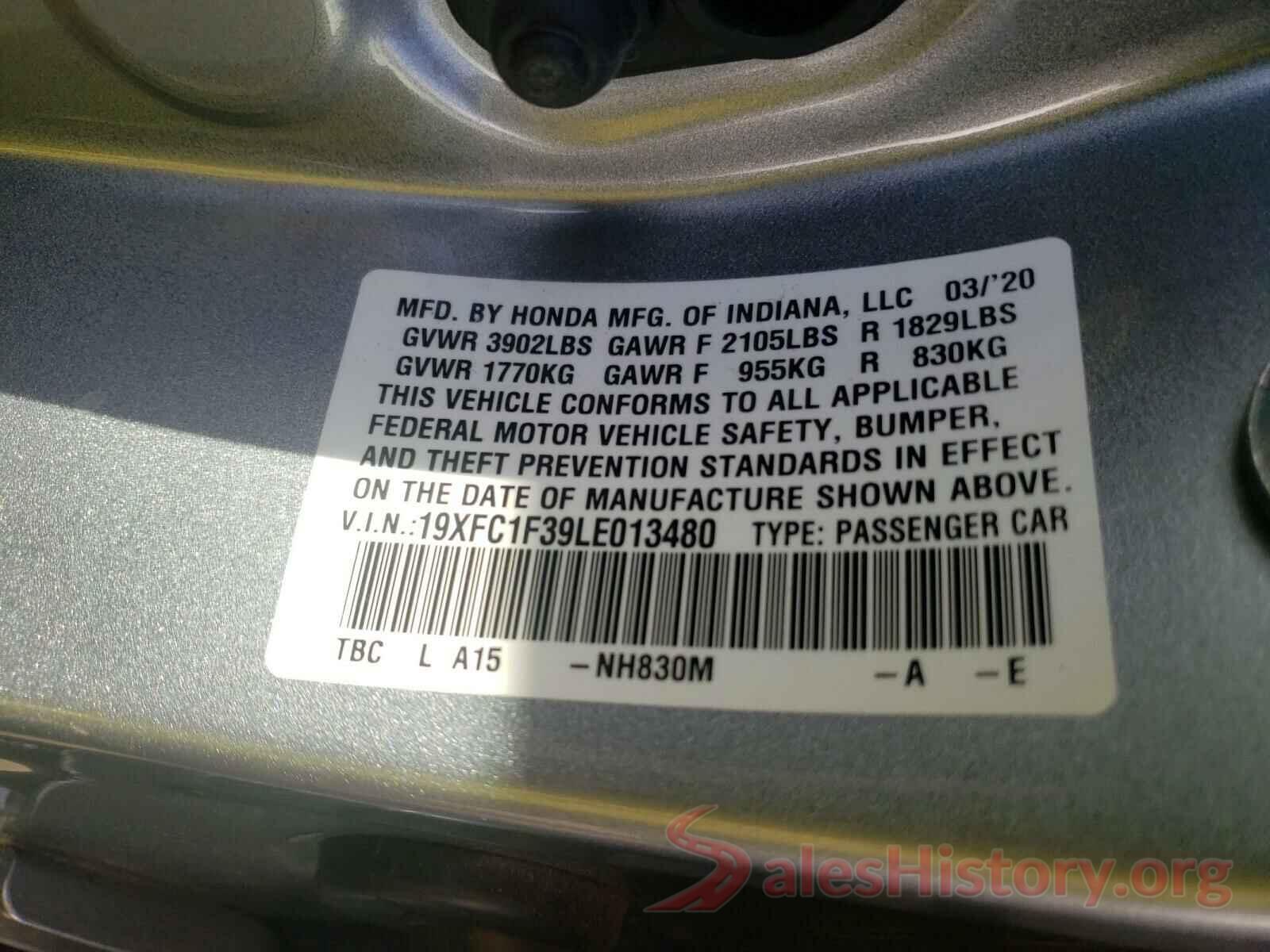 19XFC1F39LE013480 2020 HONDA CIVIC