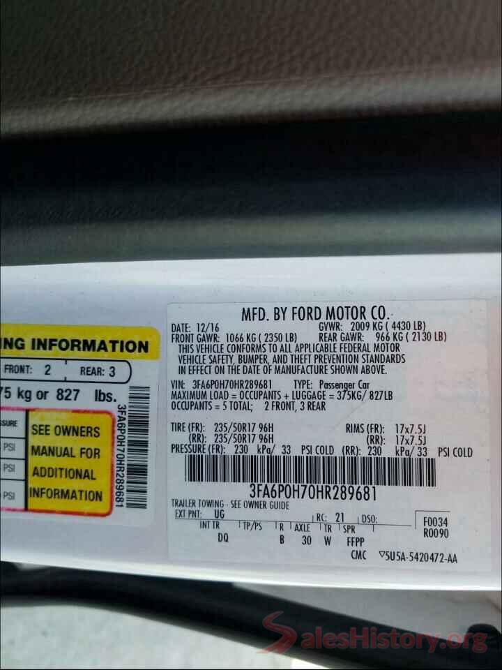 3FA6P0H70HR289681 2017 FORD FUSION