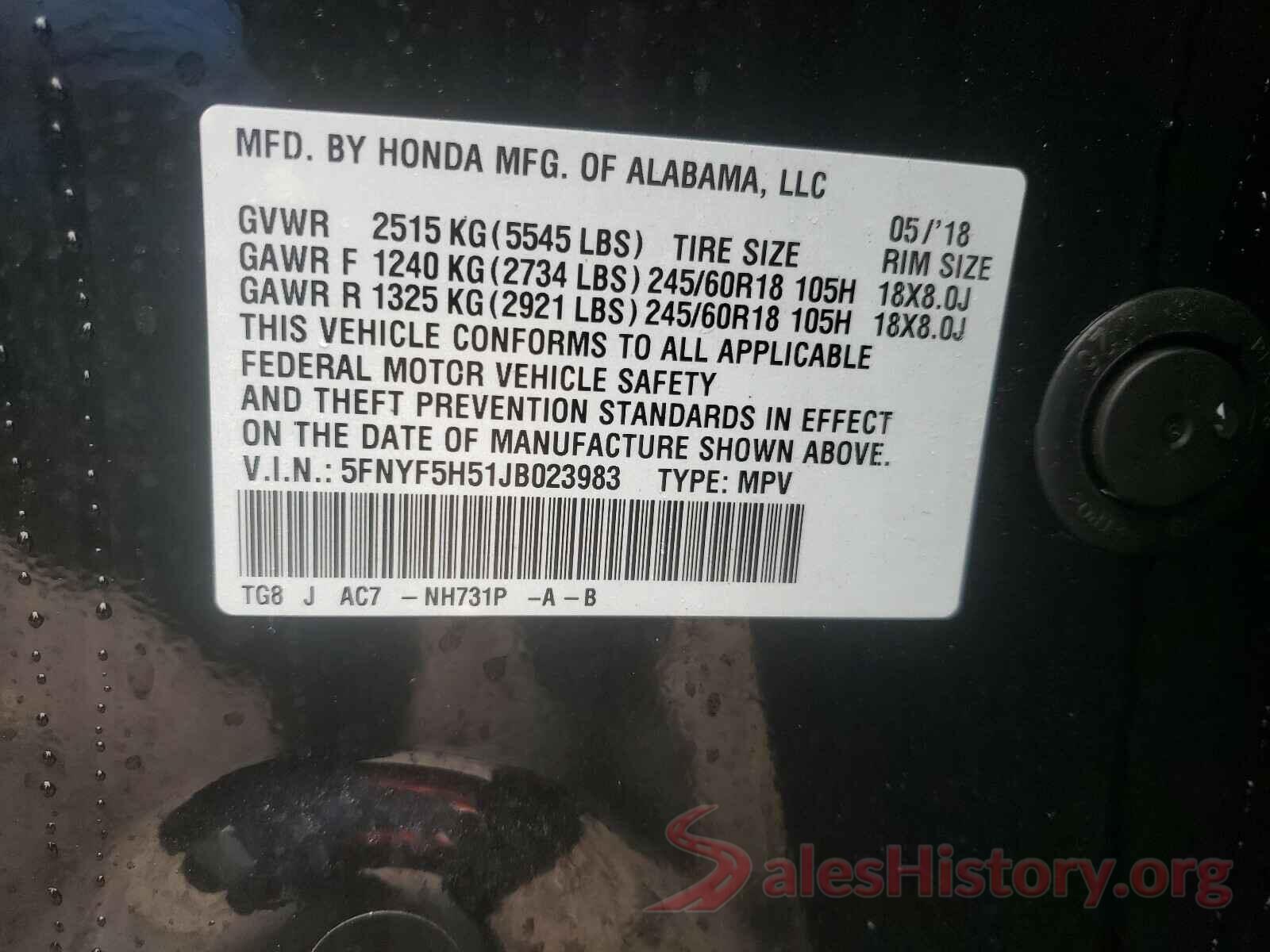 5FNYF5H51JB023983 2018 HONDA PILOT