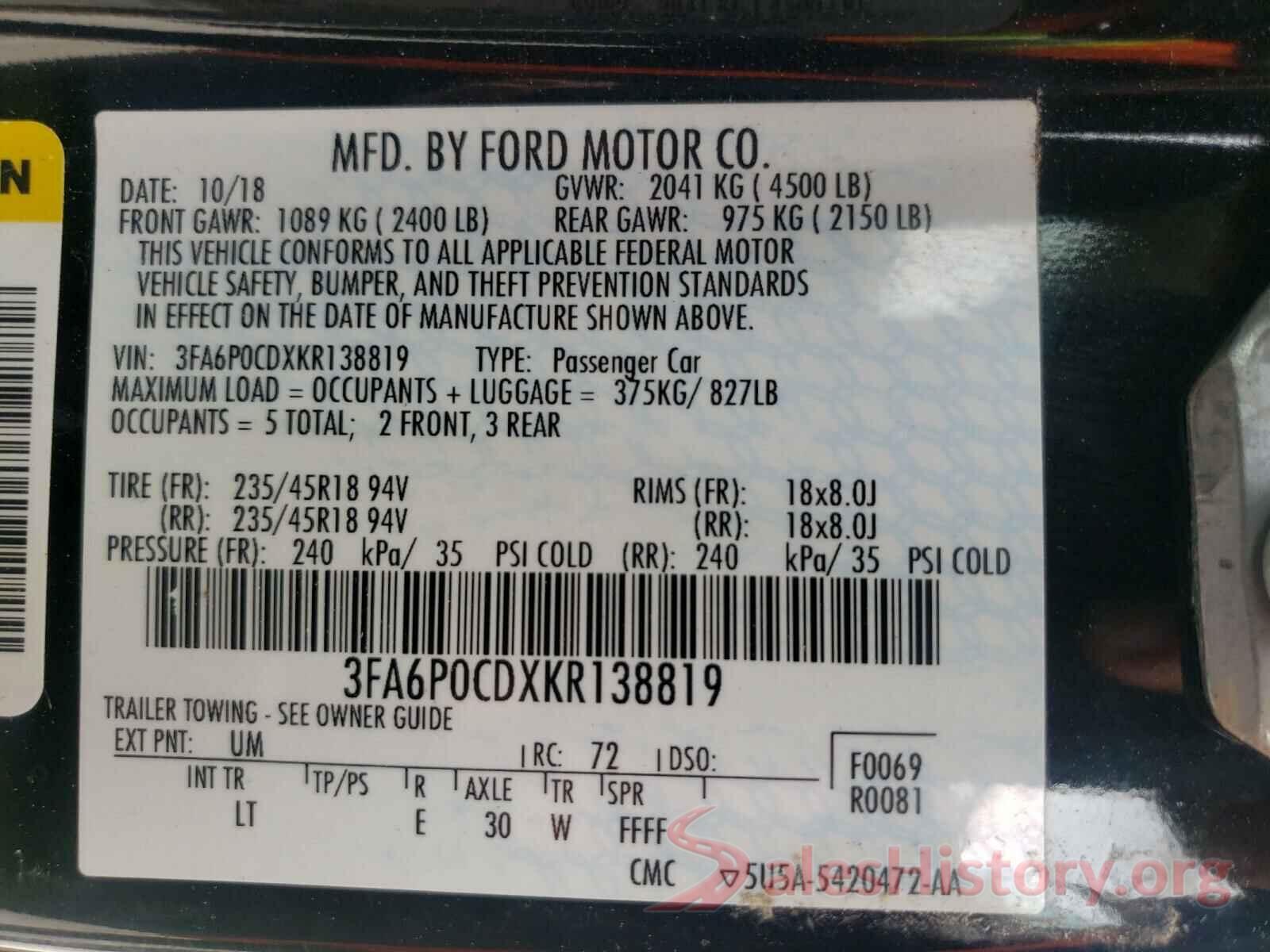 3FA6P0CDXKR138819 2019 FORD FUSION