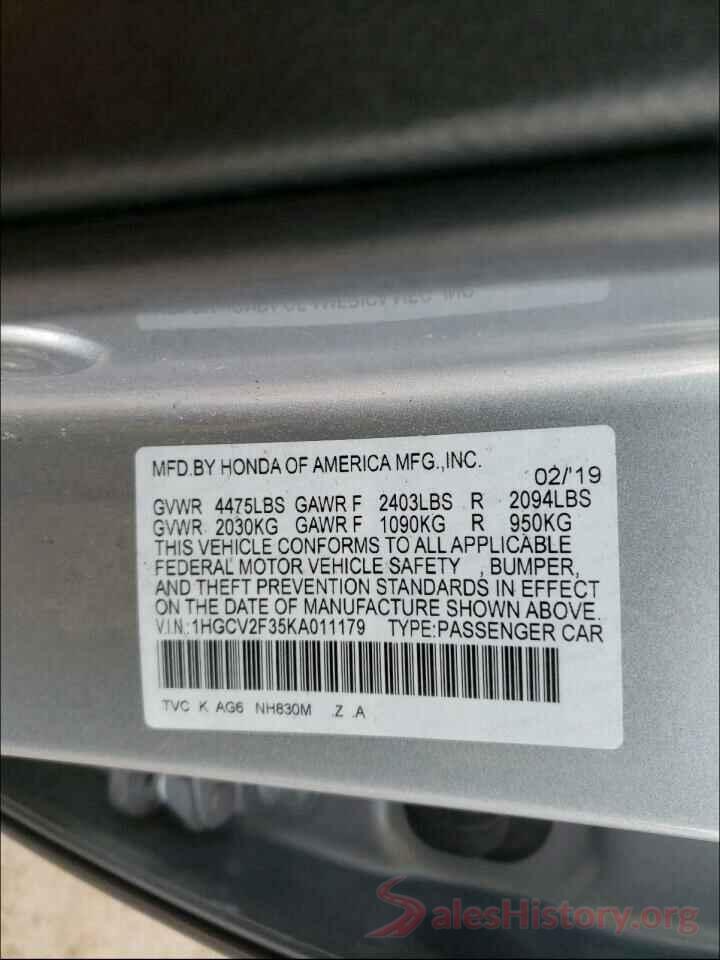 1HGCV2F35KA011179 2019 HONDA ACCORD