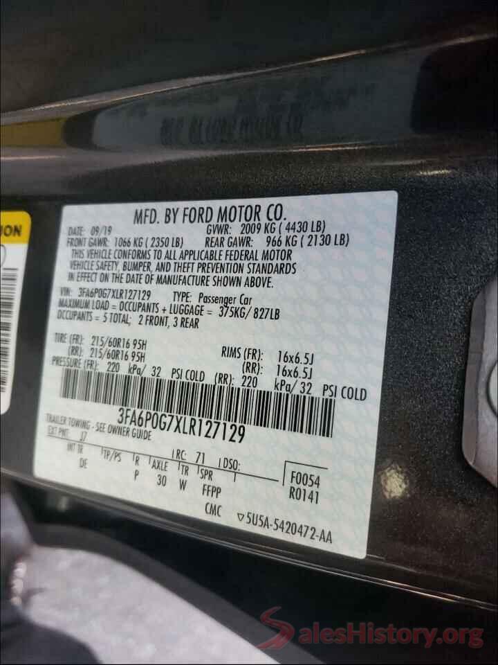 3FA6P0G7XLR127129 2020 FORD FUSION