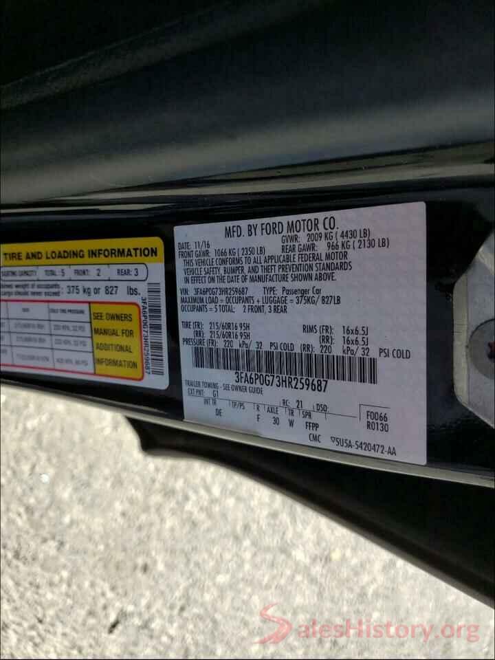 3FA6P0G73HR259687 2017 FORD FUSION