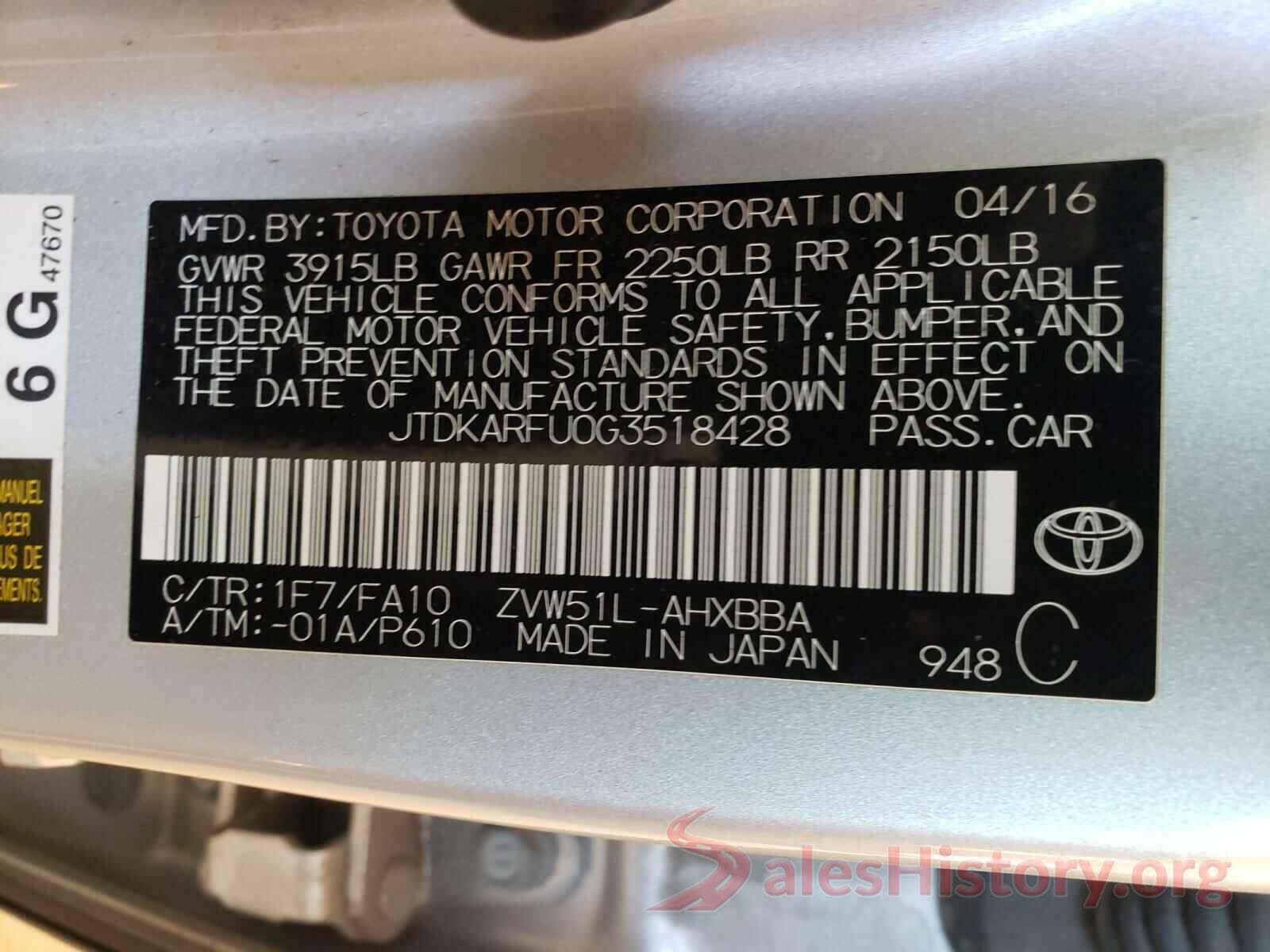 JTDKARFU0G3518428 2016 TOYOTA PRIUS