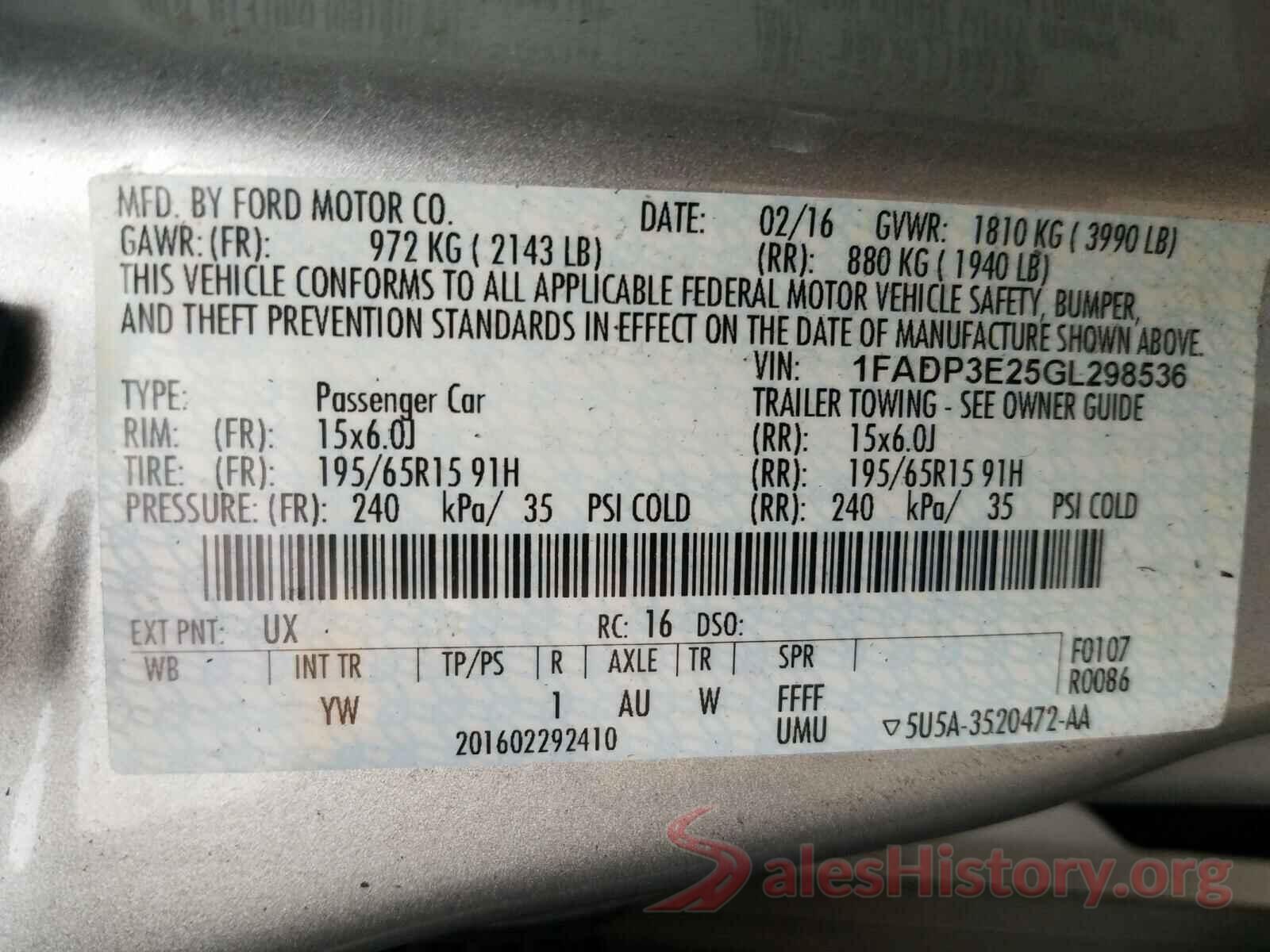 1FADP3E25GL298536 2016 FORD FOCUS