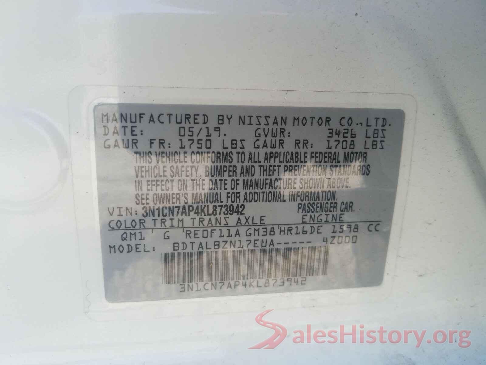 3N1CN7AP4KL873942 2019 NISSAN VERSA