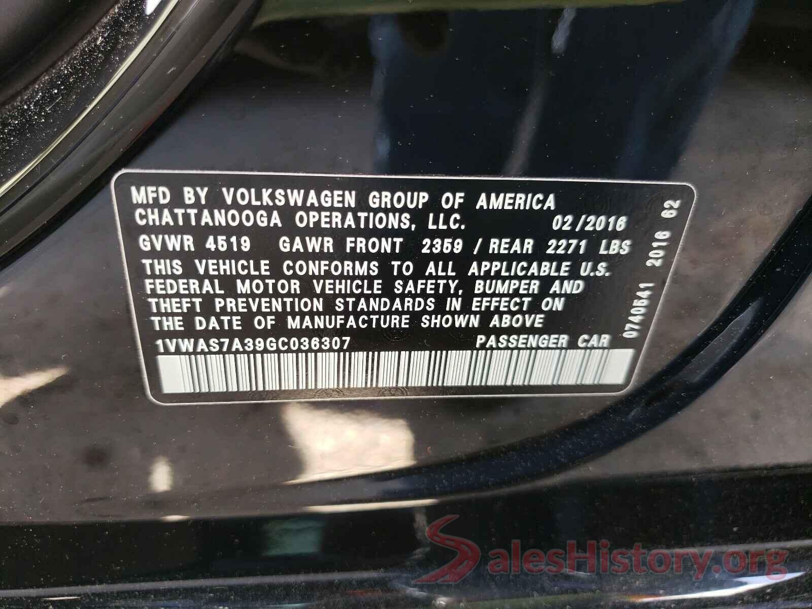 1VWAS7A39GC036307 2016 VOLKSWAGEN PASSAT