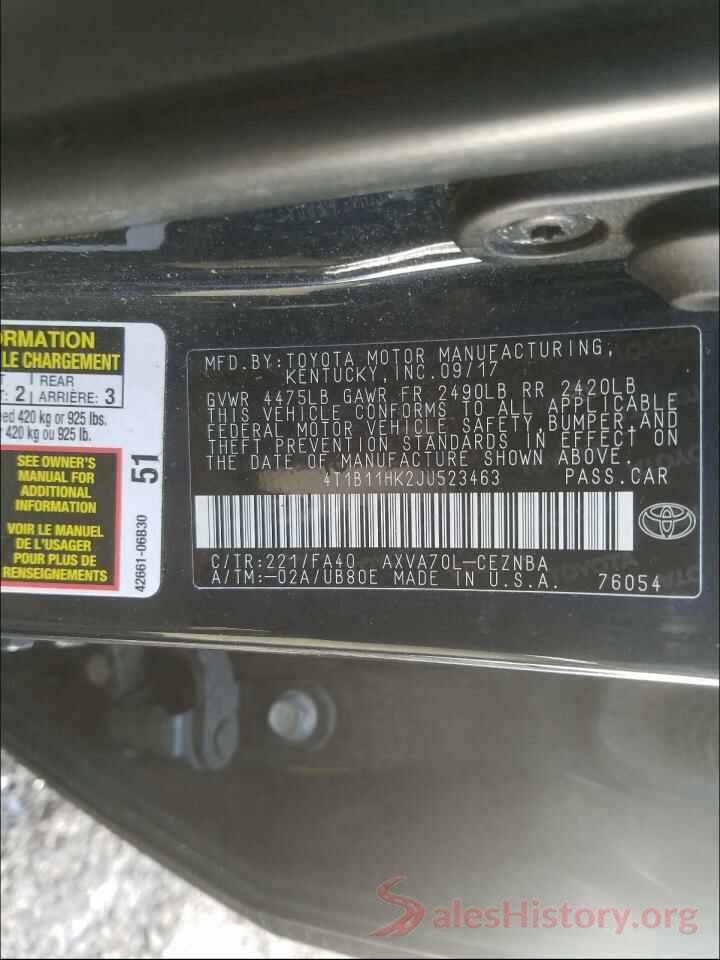 4T1B11HK2JU523463 2018 TOYOTA CAMRY