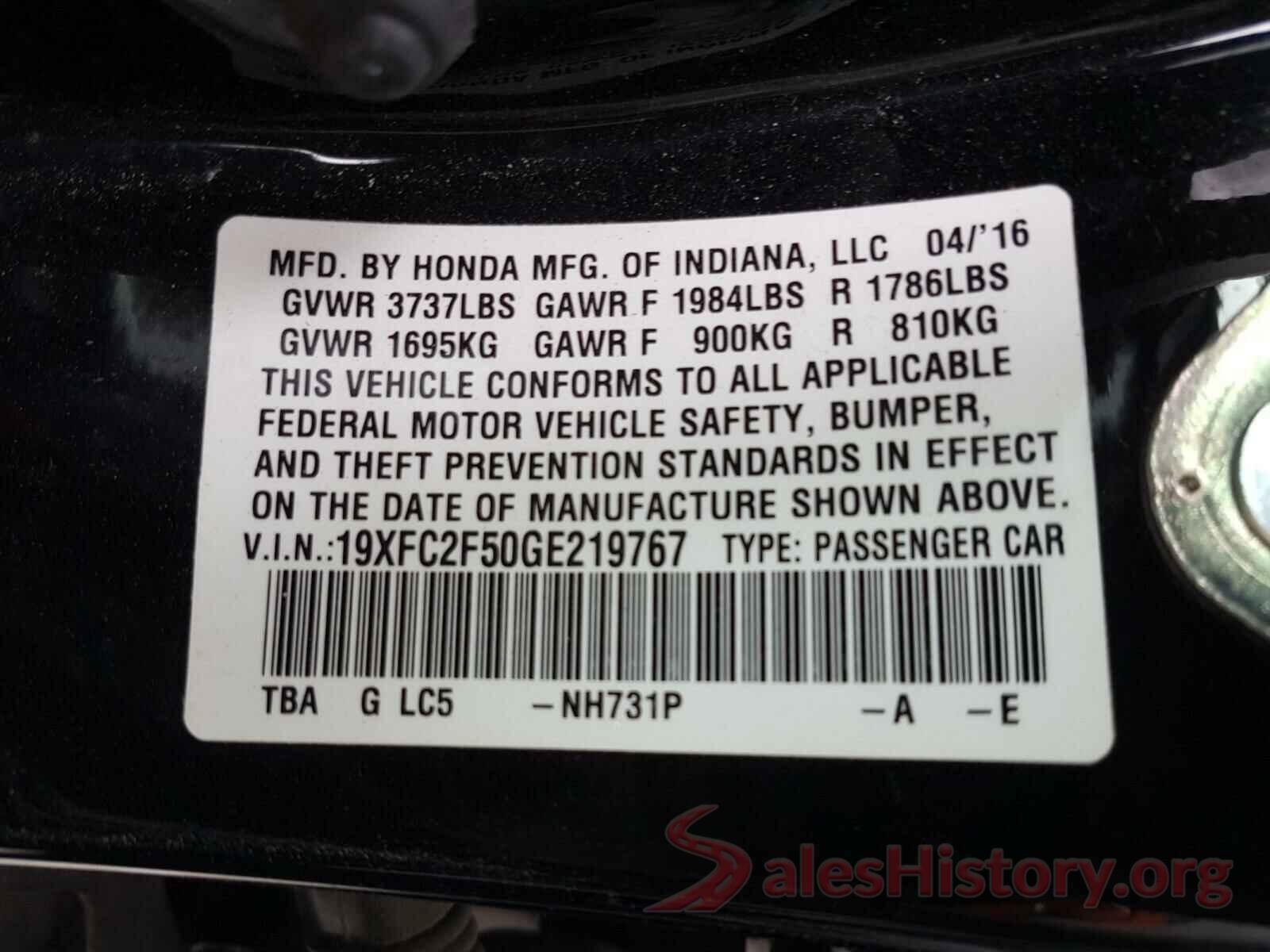 19XFC2F50GE219767 2016 HONDA CIVIC