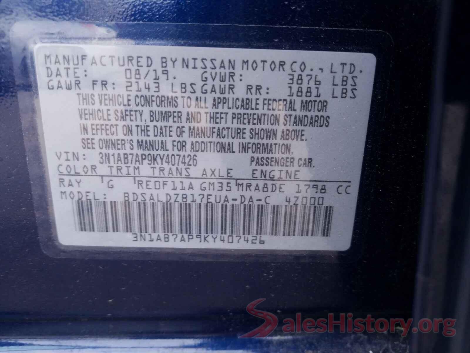 3N1AB7AP9KY407426 2019 NISSAN SENTRA