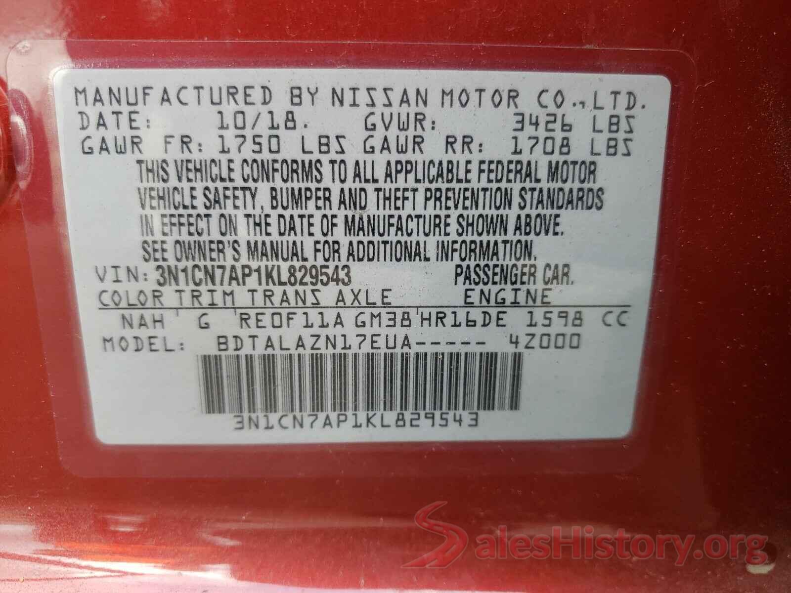 3N1CN7AP1KL829543 2019 NISSAN VERSA