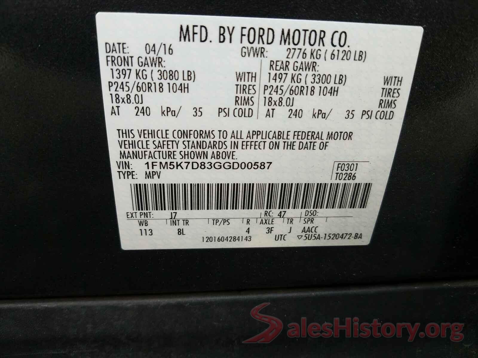 1FM5K7D83GGD00587 2016 FORD EXPLORER