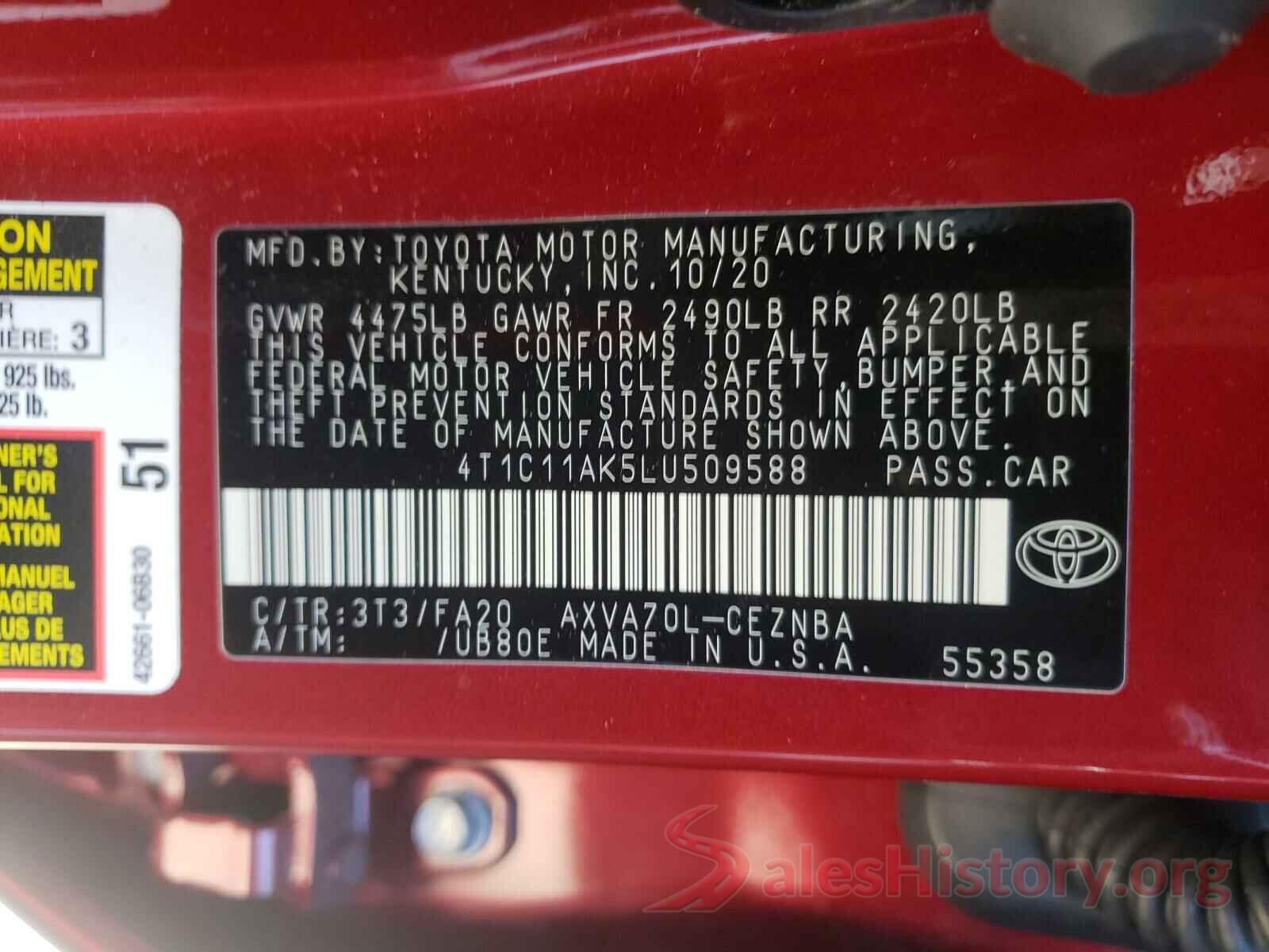 4T1C11AK5LU509588 2020 TOYOTA CAMRY