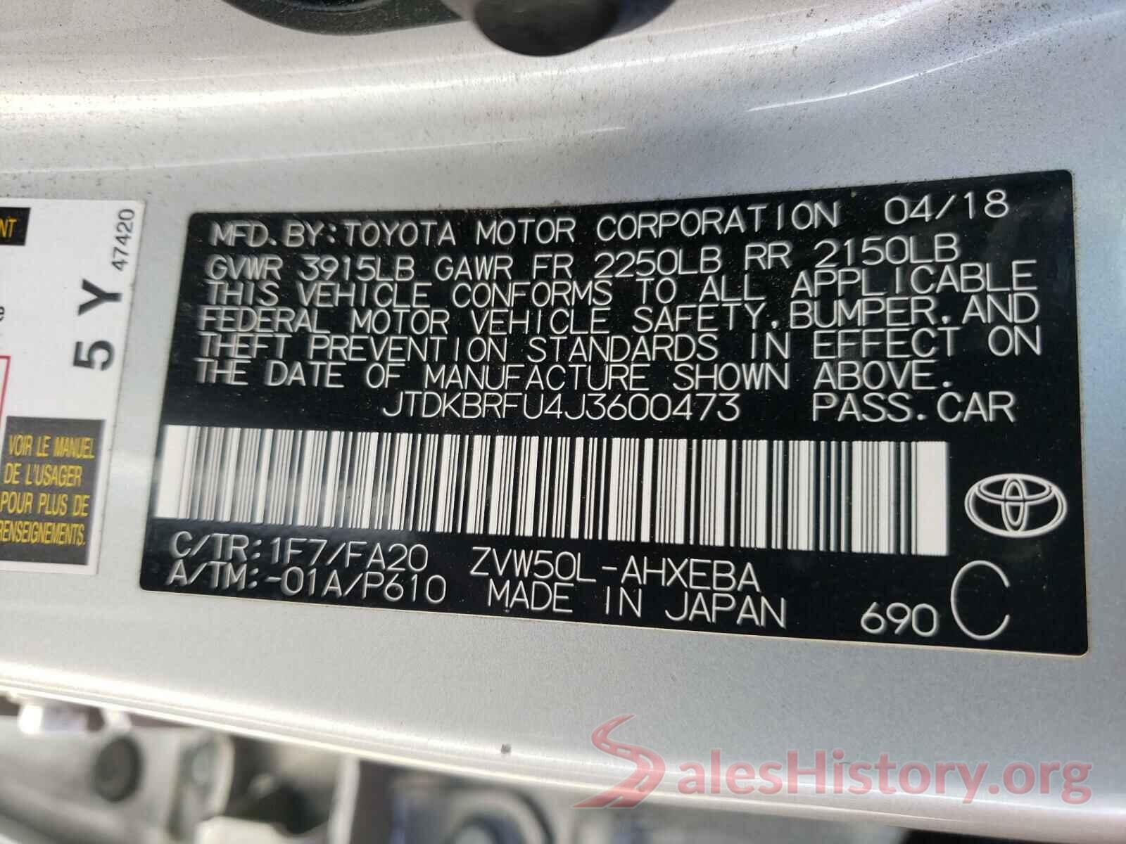 JTDKBRFU4J3600473 2018 TOYOTA PRIUS