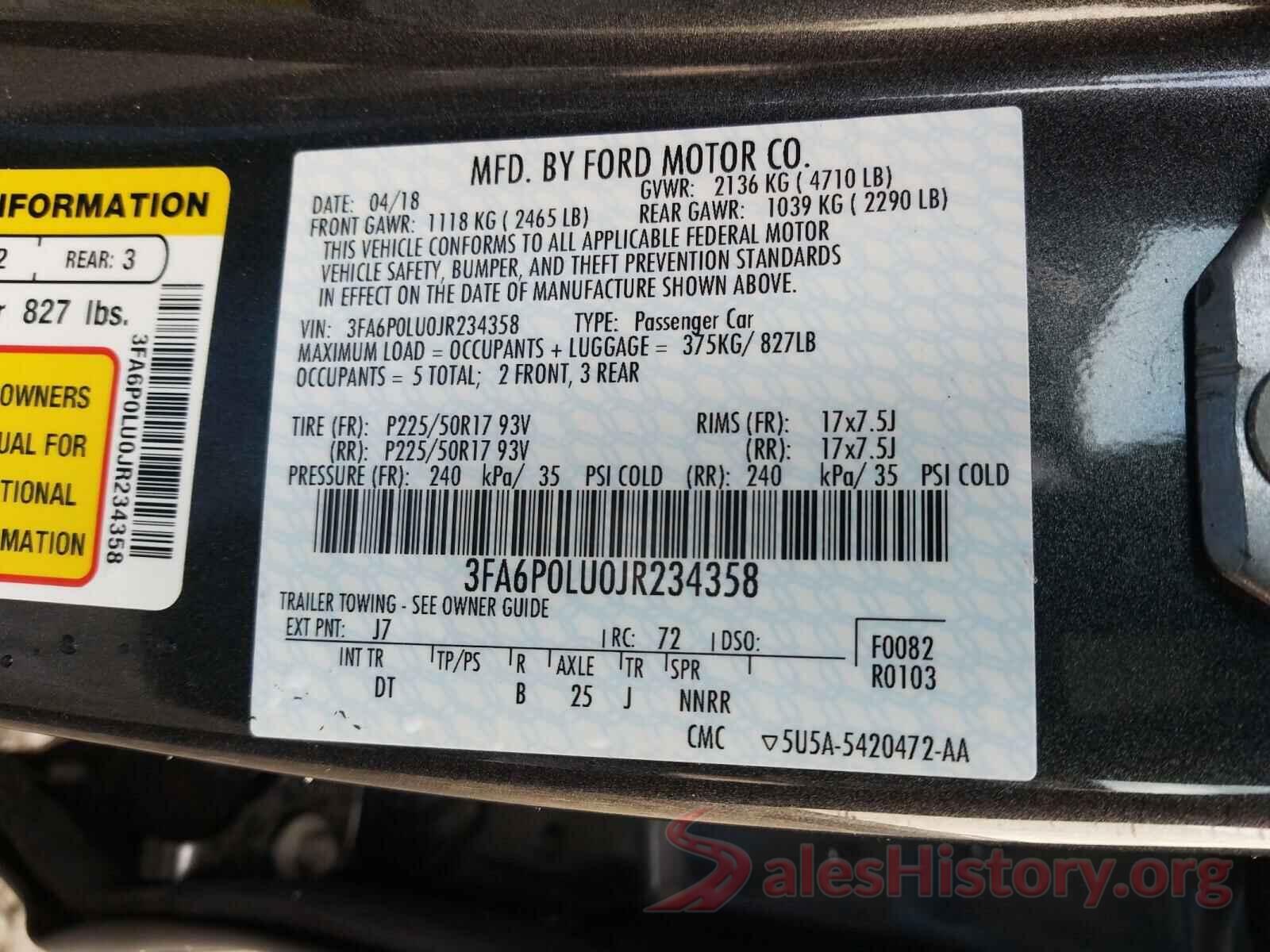 3FA6P0LU0JR234358 2018 FORD FUSION