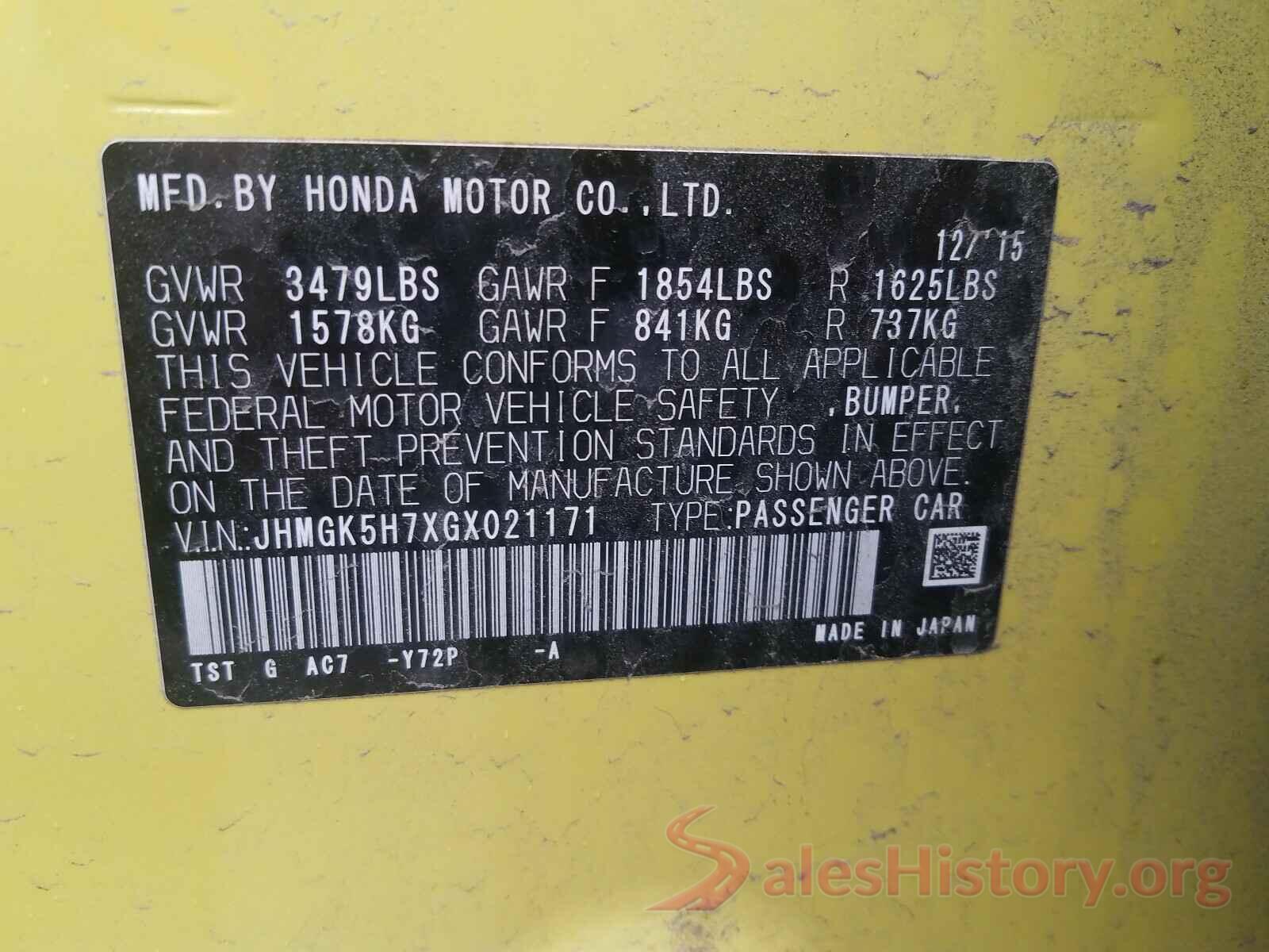 JHMGK5H7XGX021171 2016 HONDA FIT