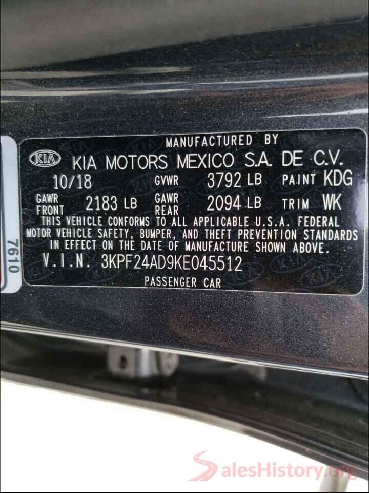 3KPF24AD9KE045512 2019 KIA FORTE