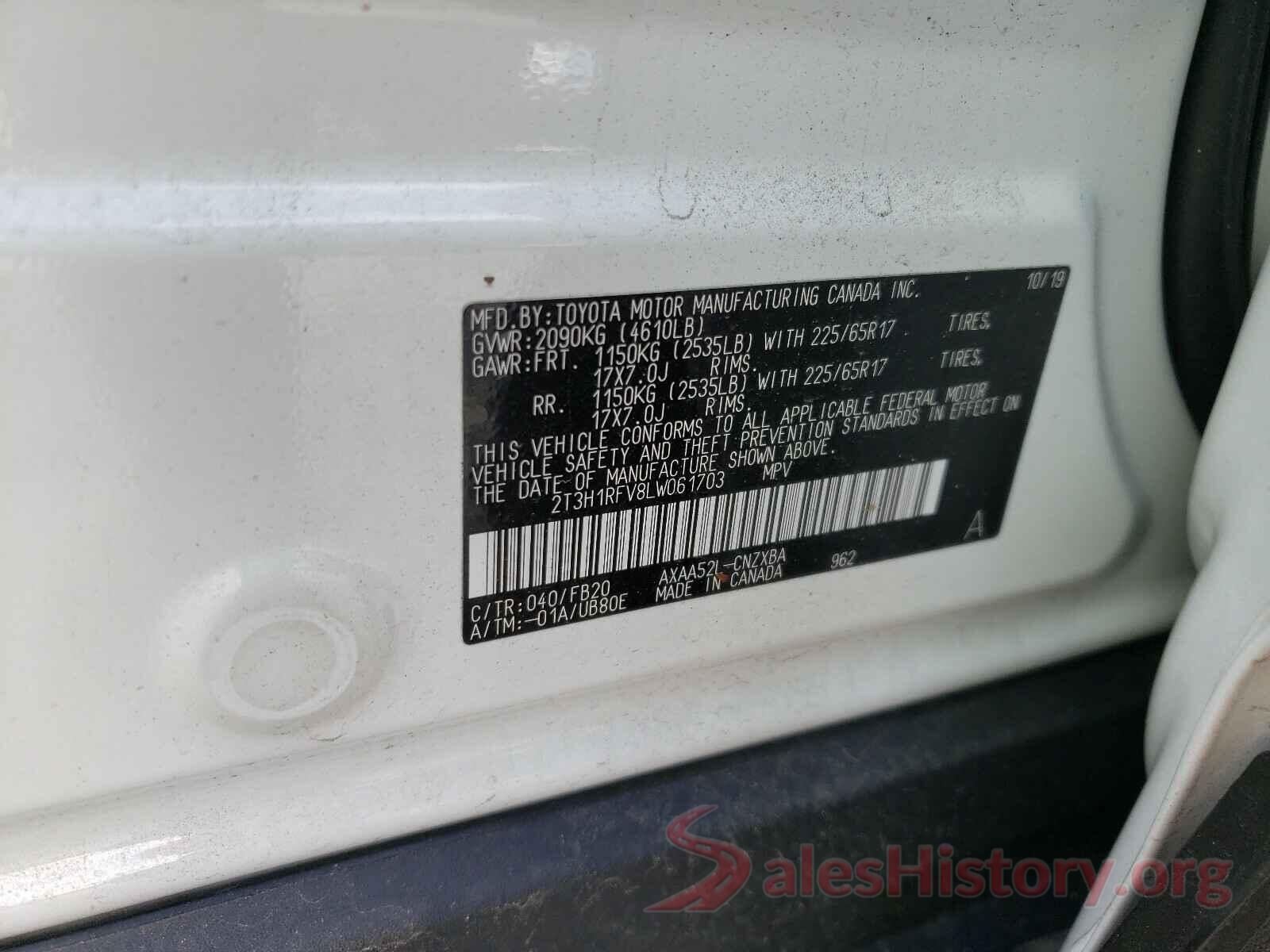 2T3H1RFV8LW061703 2020 TOYOTA RAV4