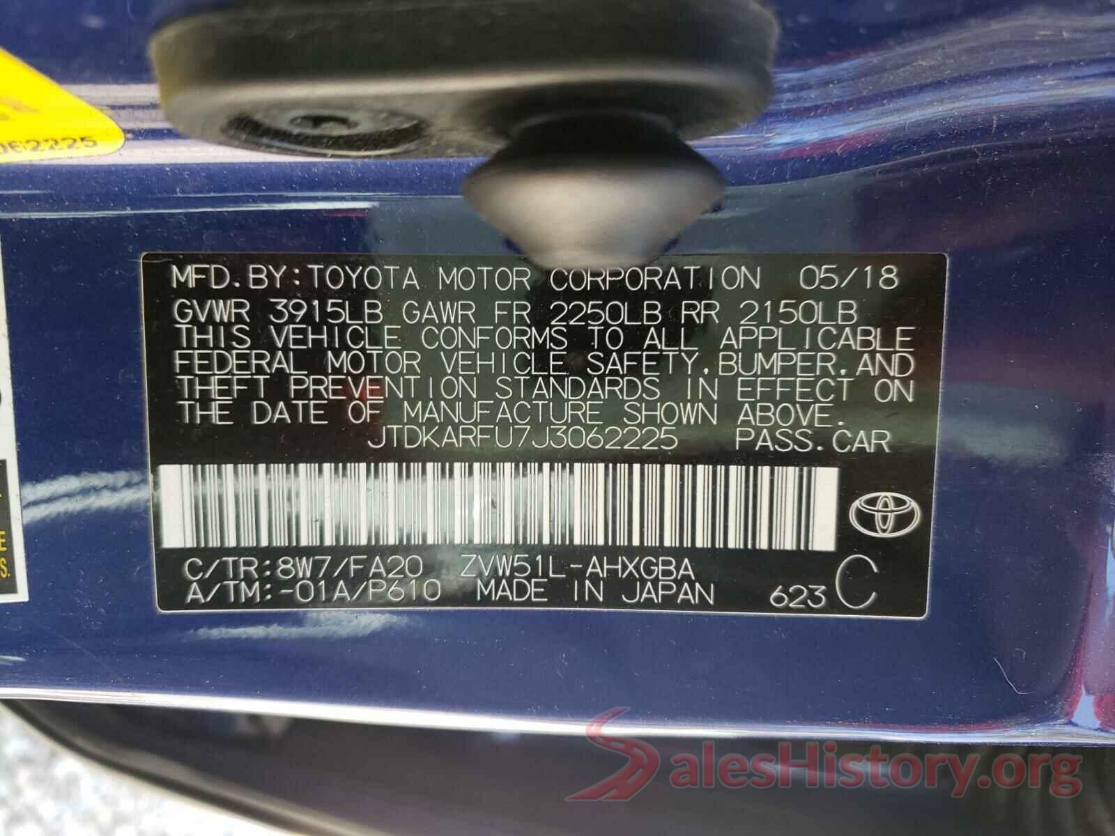 JTDKARFU7J3062225 2018 TOYOTA PRIUS