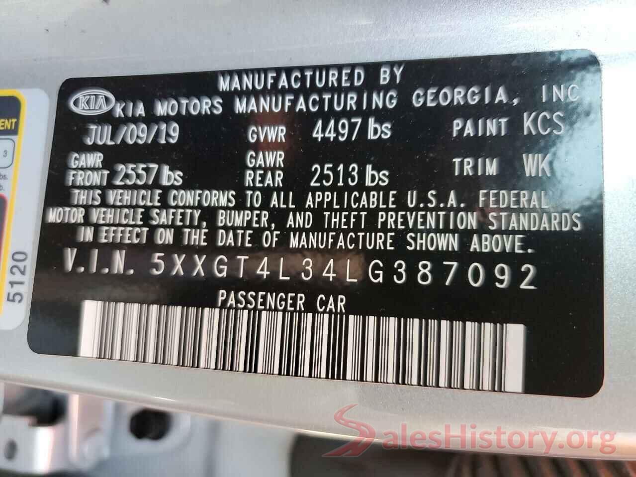 5XXGT4L34LG387092 2020 KIA OPTIMA