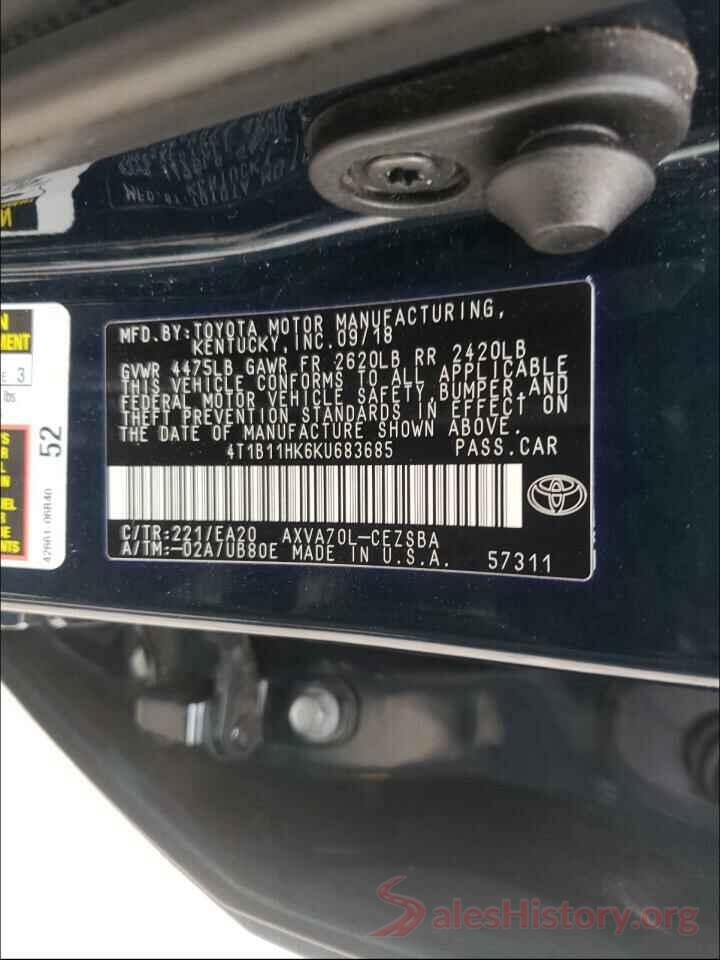 4T1B11HK6KU683685 2019 TOYOTA CAMRY