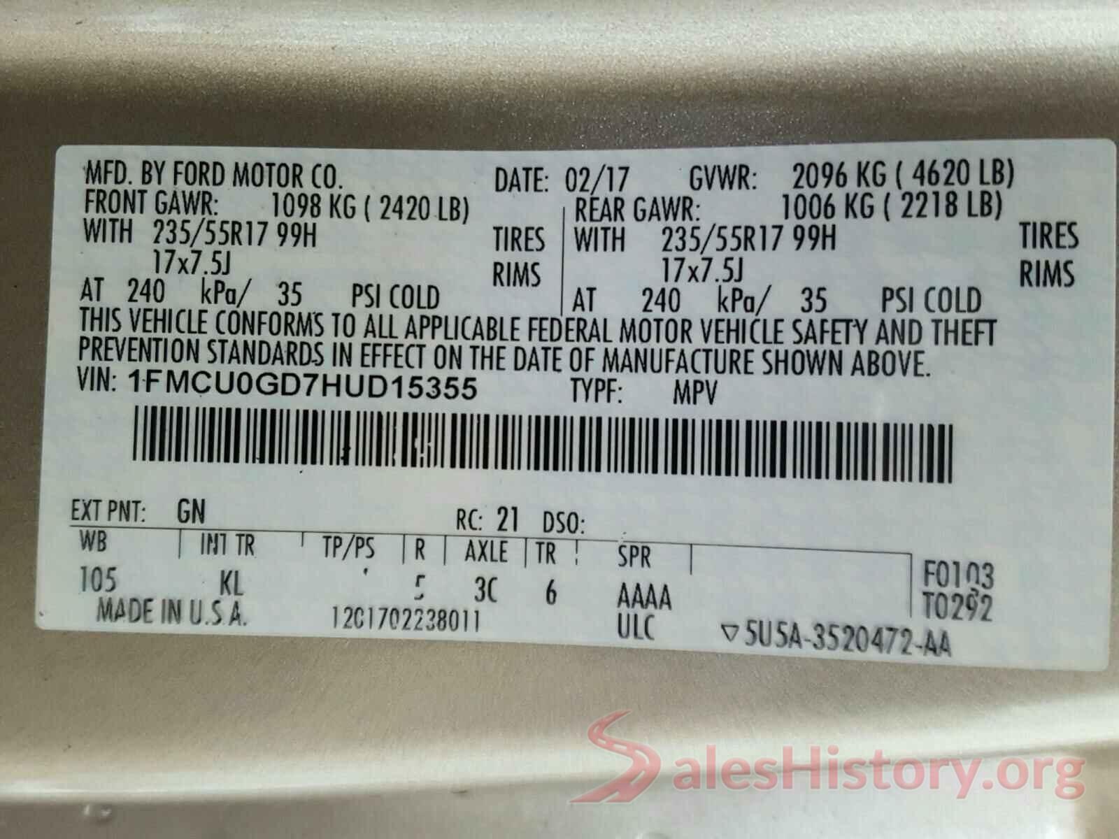 1FMCU0GD7HUD15355 2017 FORD ESCAPE