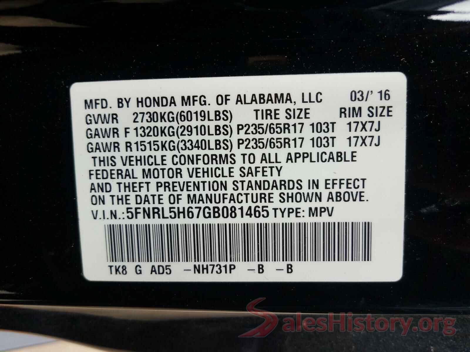 5FNRL5H67GB081465 2016 HONDA ODYSSEY