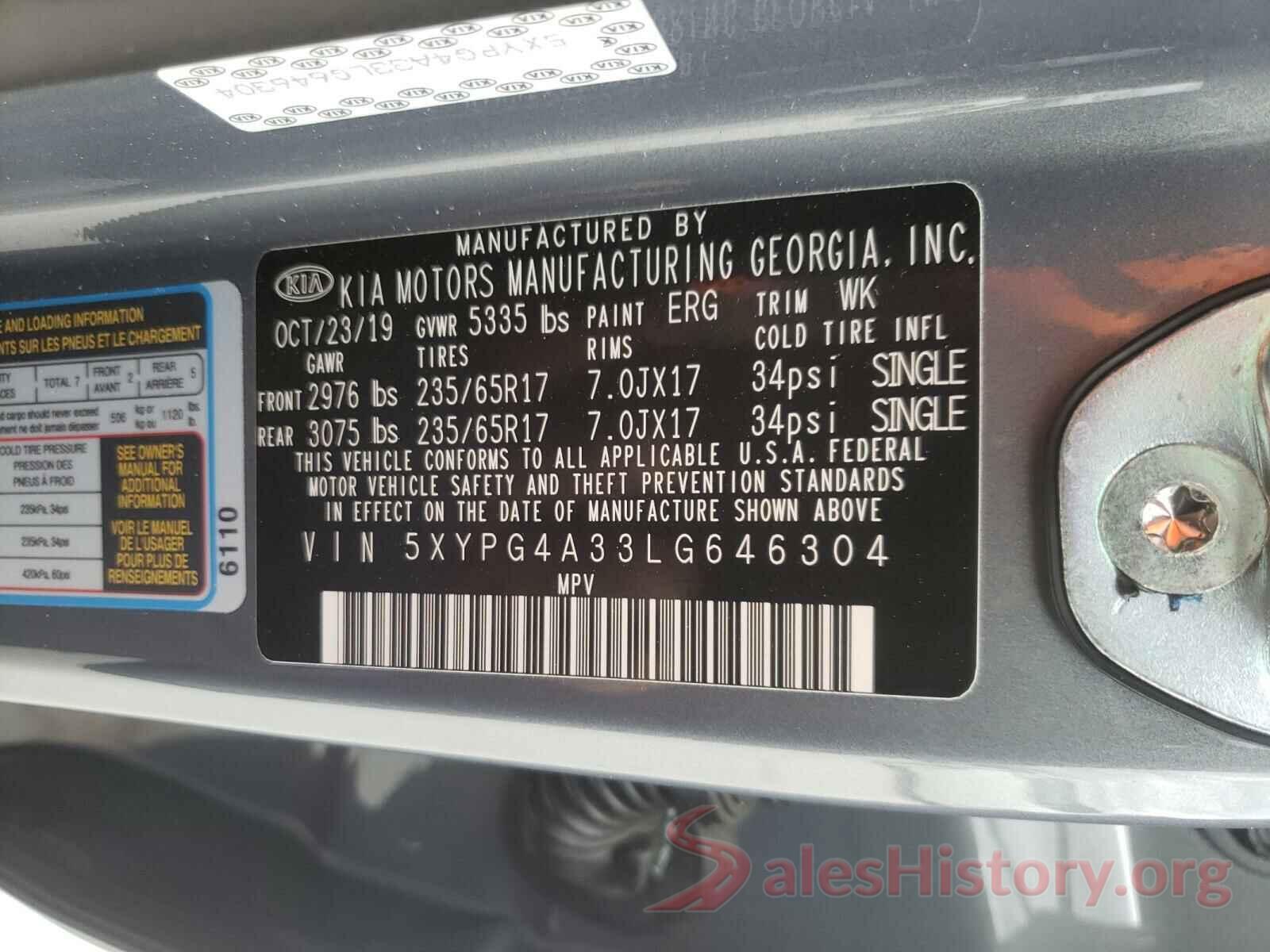 5XYPG4A33LG646304 2020 KIA SORENTO